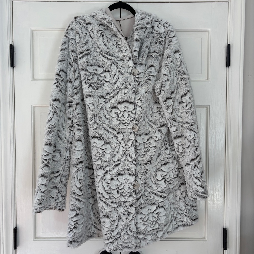 Adrienne Landau Cream Faux Fur Coat Reversible Womens Hooded Jacket Plus Size 1X